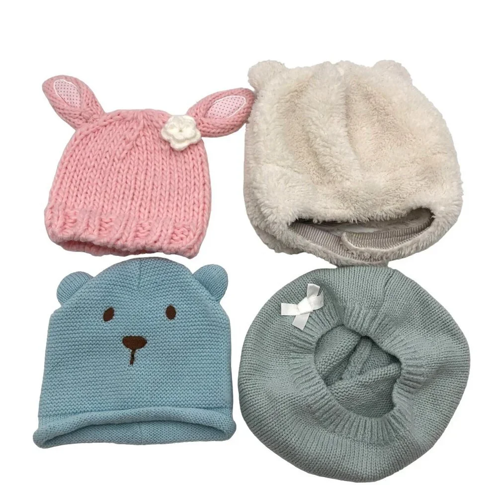 Baby Girls 0-9M 6-9M Knit Winter Hats BUNDLE Fuzzy Ears Cute Beret Animal Bear‎